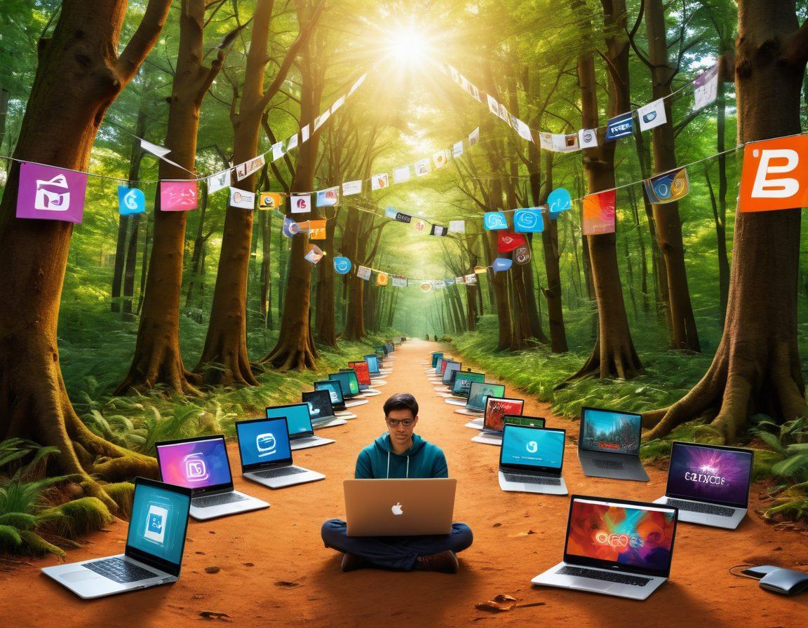 An inviting landscape featuring a diverse group of bloggers at laptops, immersed in vibrant colors, surrounded by large open-source logos and symbols. In the background, a winding path leading through a rich forest of technology and creativity, with sunlight streaming through the trees, illuminating the journey ahead. Include a banner that reads 'Essential Tips for Aspiring Bloggers'. super-realistic. vibrant colors. nature background.