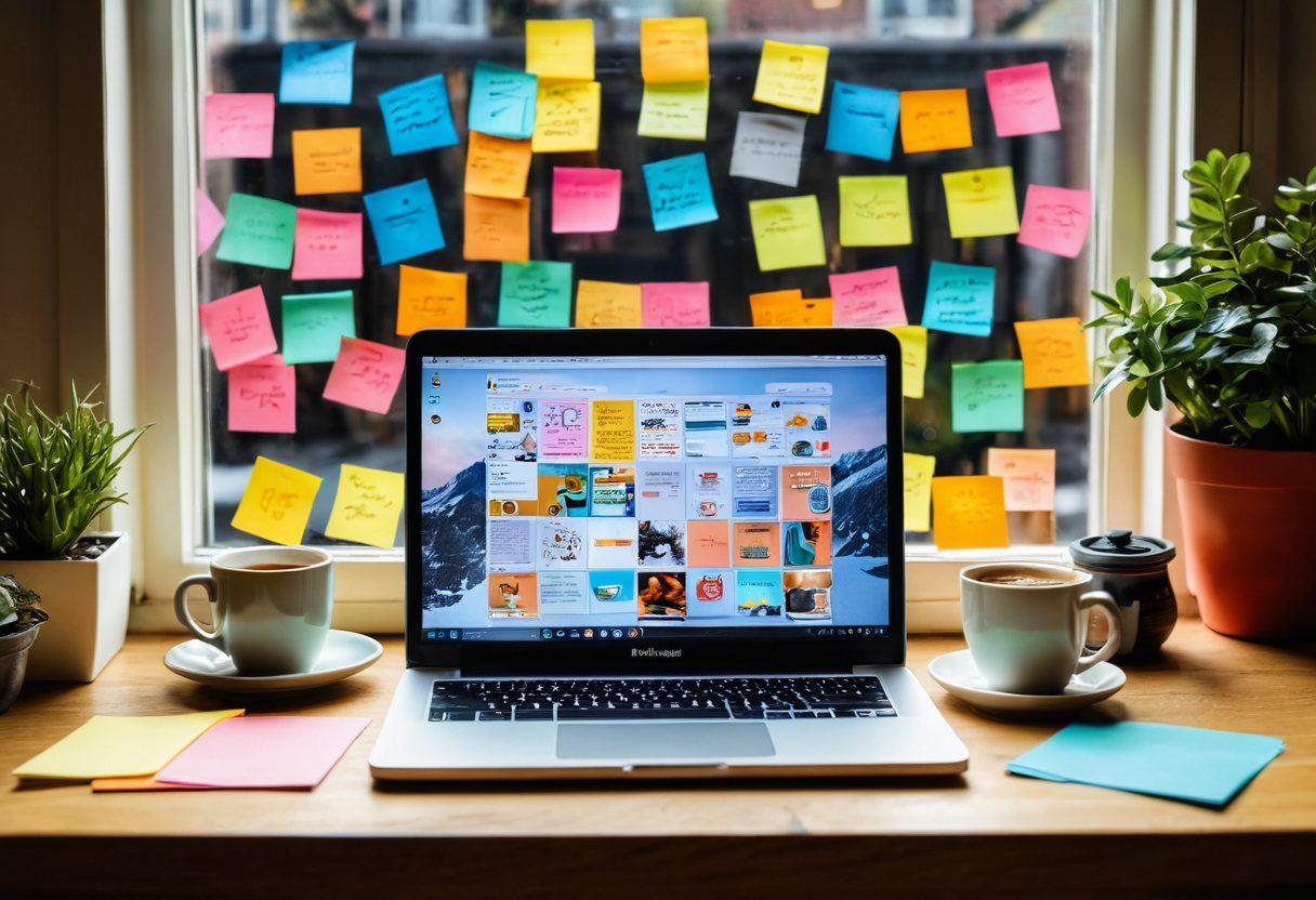 A cozy workspace showcasing a laptop displaying a vibrant blogging interface, surrounded by Linux-themed stickers and a steaming cup of coffee. Include a wall covered with colorful sticky notes filled with tips and community insights about blogging. Soft natural light filtering through a window sets a warm atmosphere, inviting aspiring bloggers to engage in their craft. super-realistic. vibrant colors. 3D.