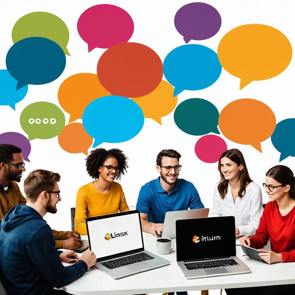 A vibrant digital scene depicting a cozy virtual Linux forum where diverse tech enthusiasts are engaging in discussions. Include laptops with Linux terminals visible, a coffee cup, and speech bubbles with coding symbols. Surround the forum with colorful icons representing different tech tools and platforms to emphasize community. The atmosphere should feel inclusive and energetic, inviting everyone to join in. super-realistic. vibrant colors. white background.